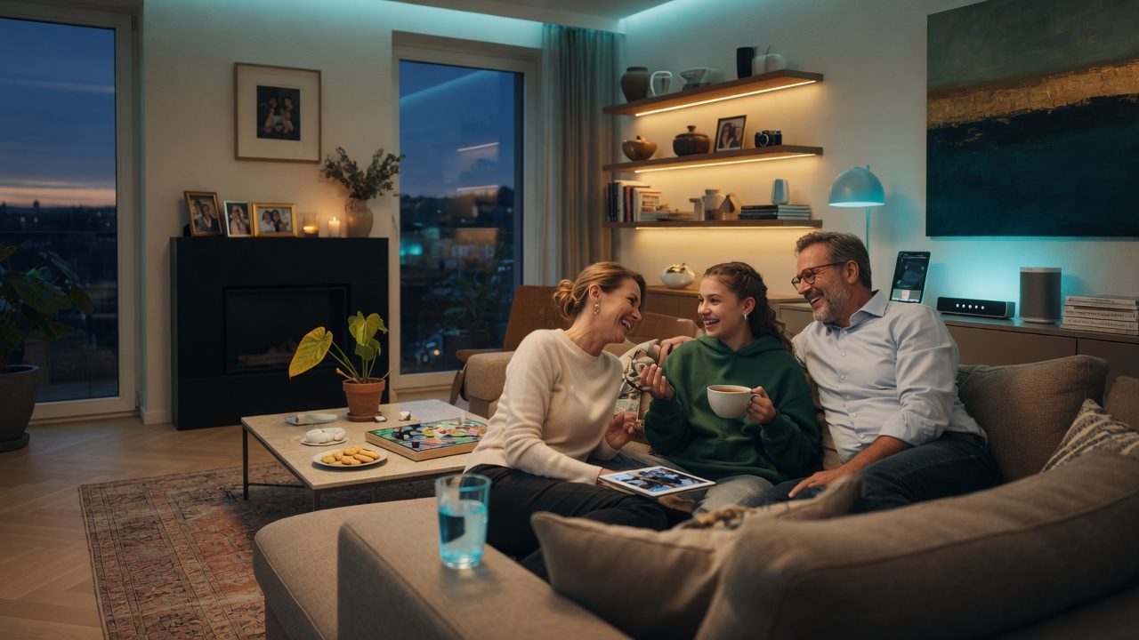 Familie genießt warmes Smart-Home-Wohnzimmer am Abend