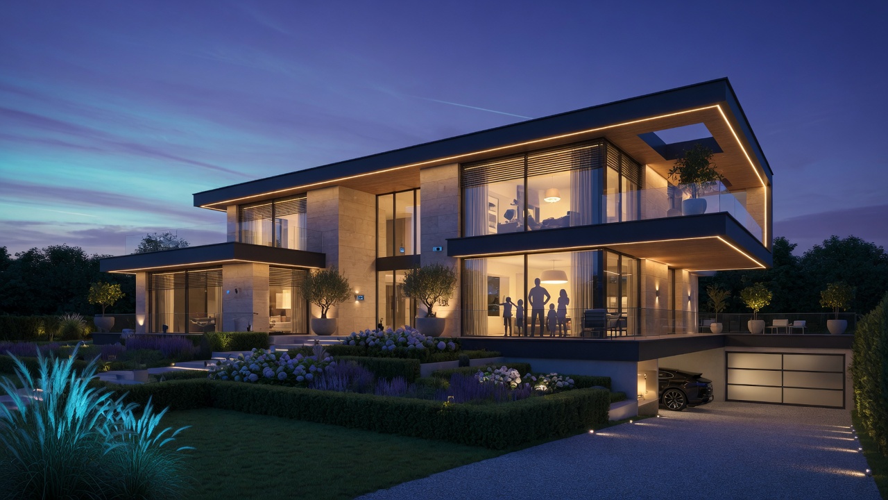 Modernes Smart Home bei blauer Stunde mit warmer Beleuchtung